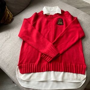 Red Ralph Lauren sweater with faux layer white shirt L